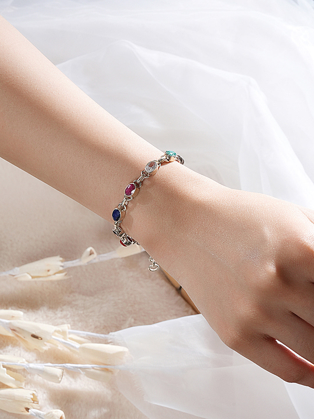 925 Silver Navratna  Natural Gemstones Studded Handmade Minimal Delicate Charms Adjustable Bracelet